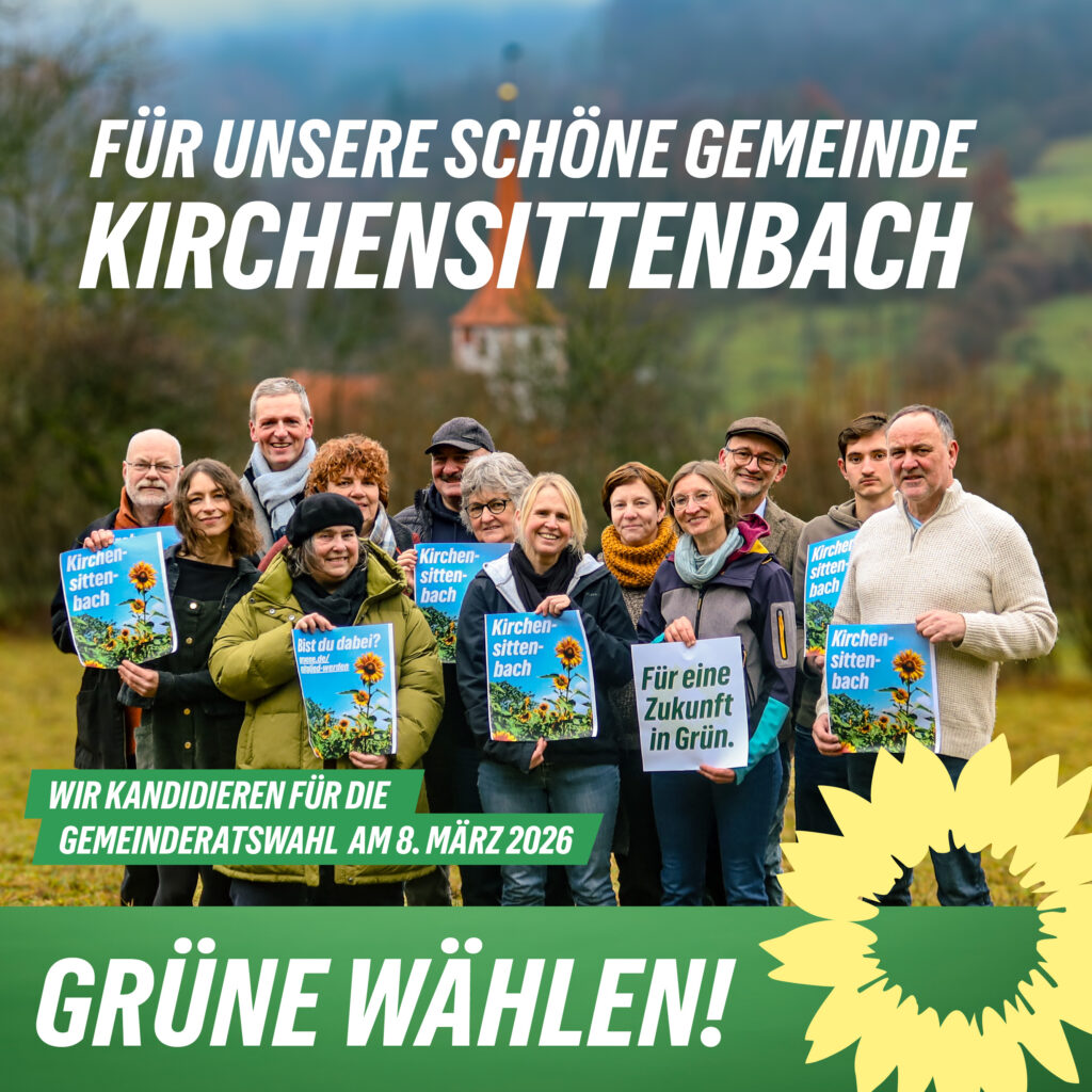 Foto einer Gruppe von Menschen auf einer Wiese in Kirchensittenbach. Text: "Für unsere schöne Gemeinde Kirchensittenbach - Wir kandidieren für die Gemeinderatswahl am 8.3.26"